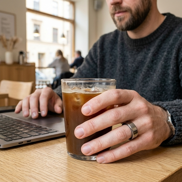 In a coffee shop, a young man is drinking coffee and looking at his computer, wearing a silver smart health ring on his right hand.