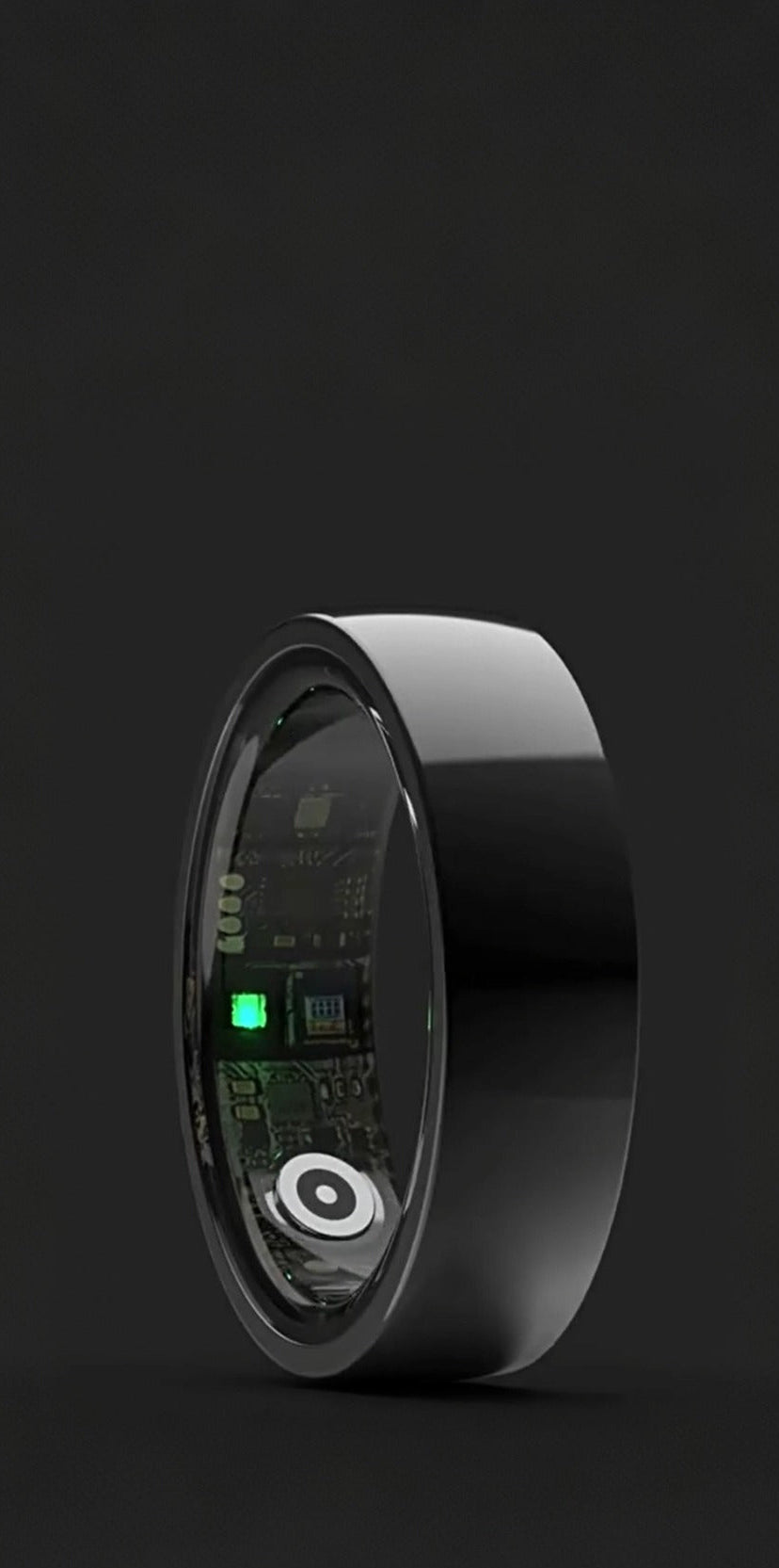 Black smart ring with electronic components on a dark background